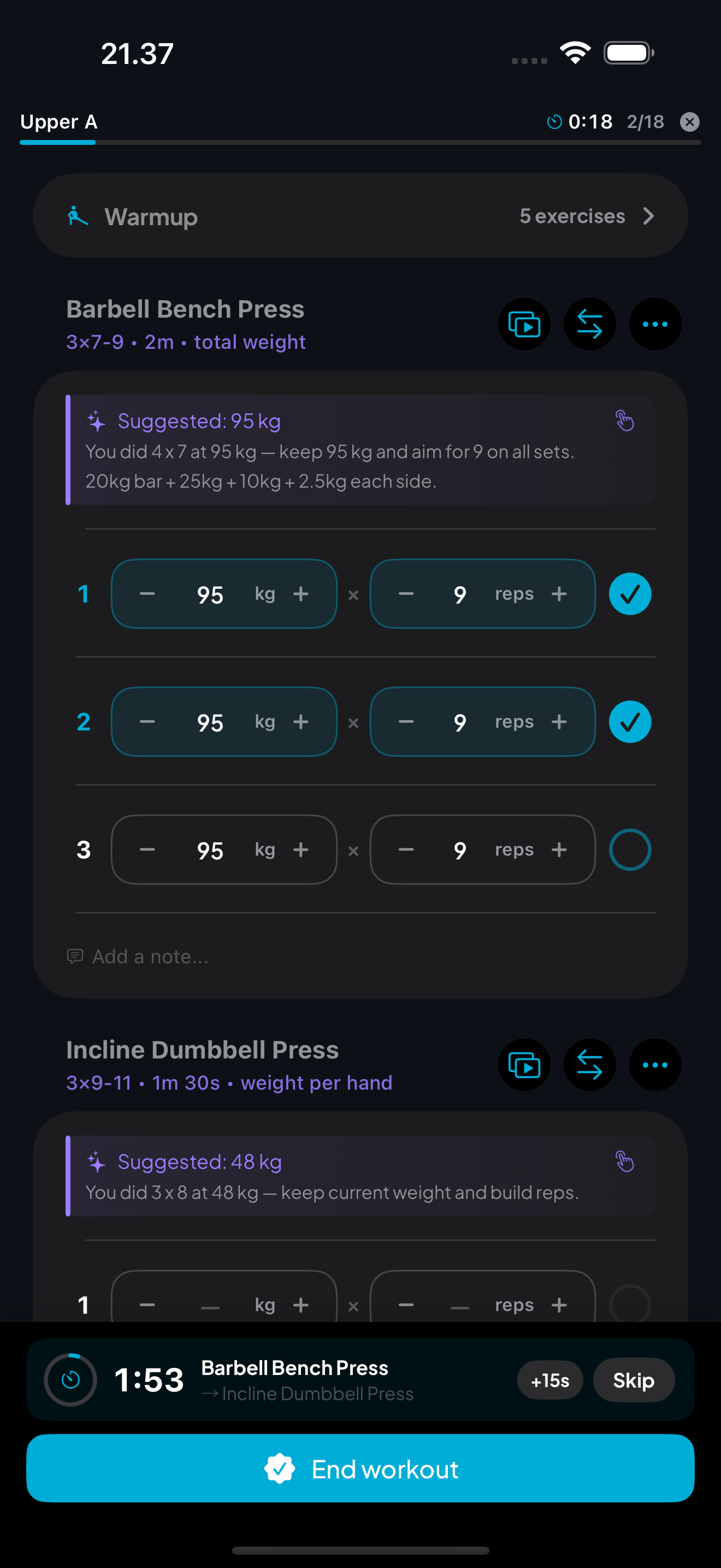 Active workout with AI weight suggestions and set tracking