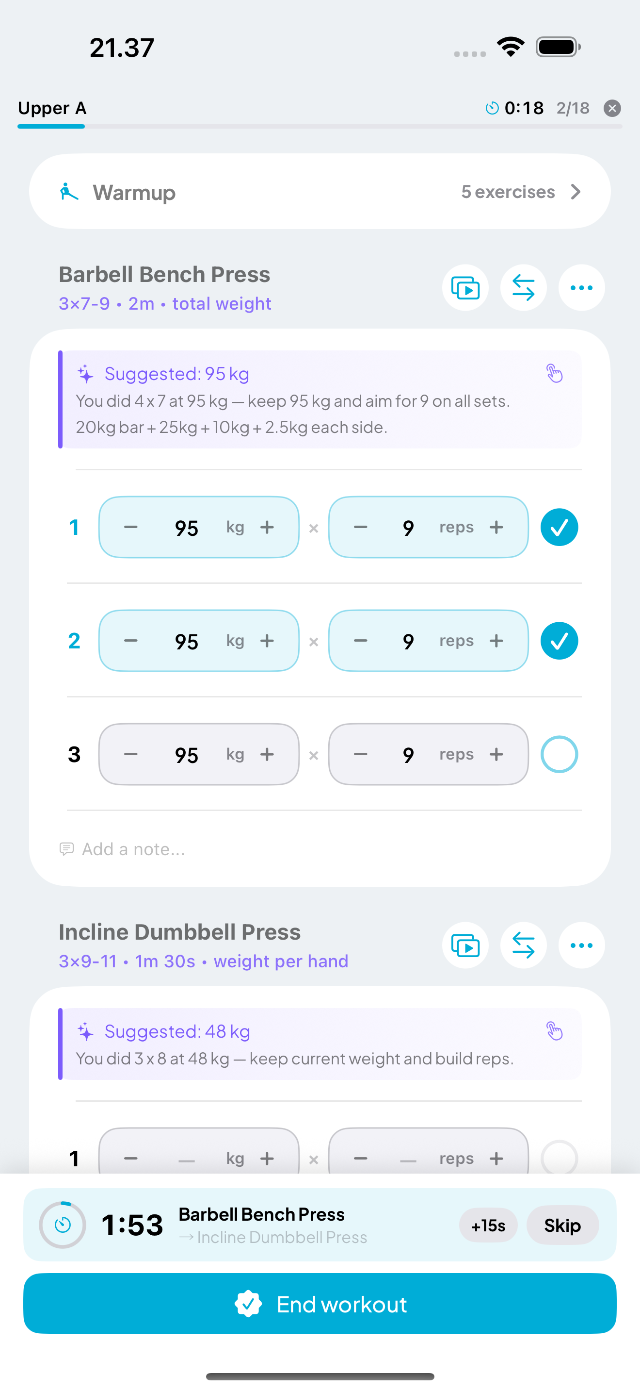Active workout with AI weight suggestions and set tracking