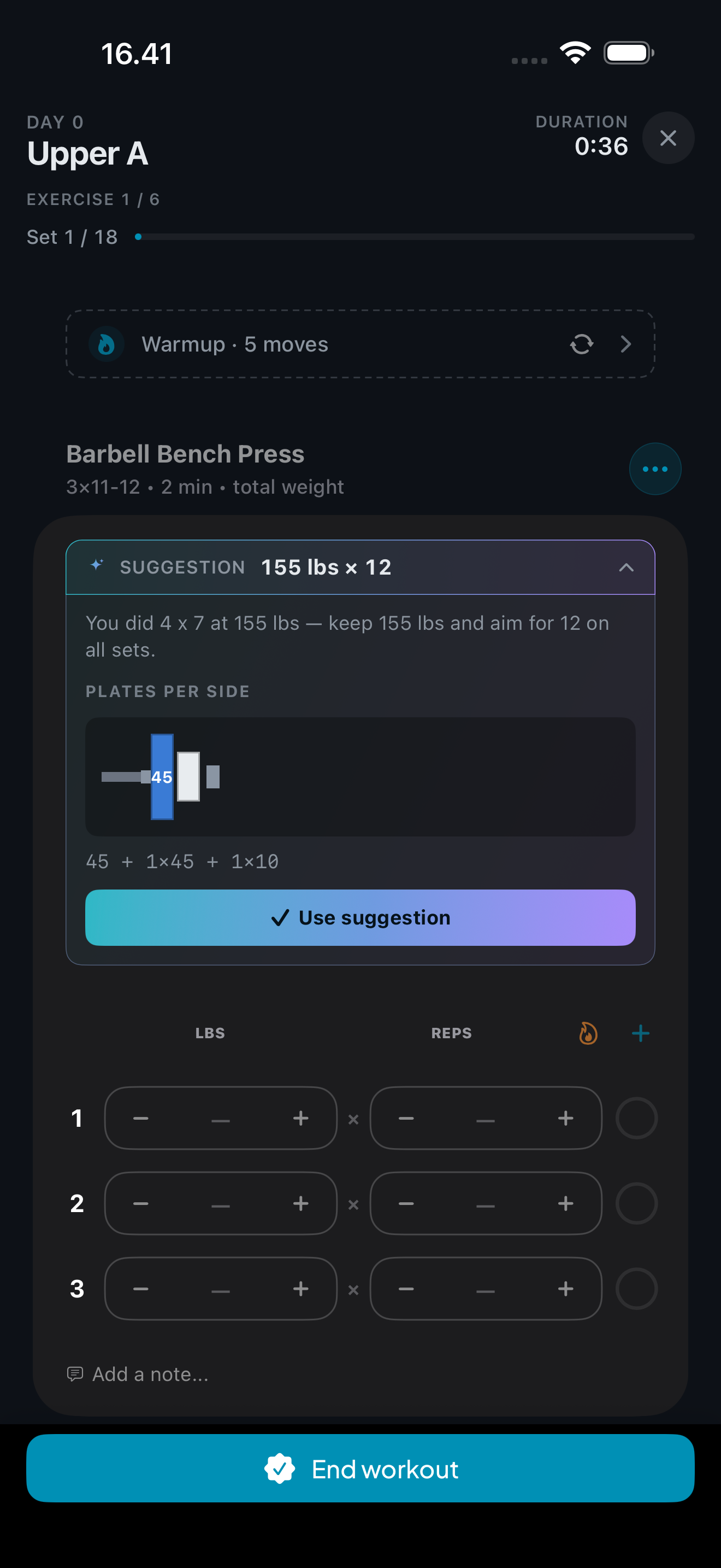 AI weight suggestion expanded with coaching reasoning and plate-by-plate loading