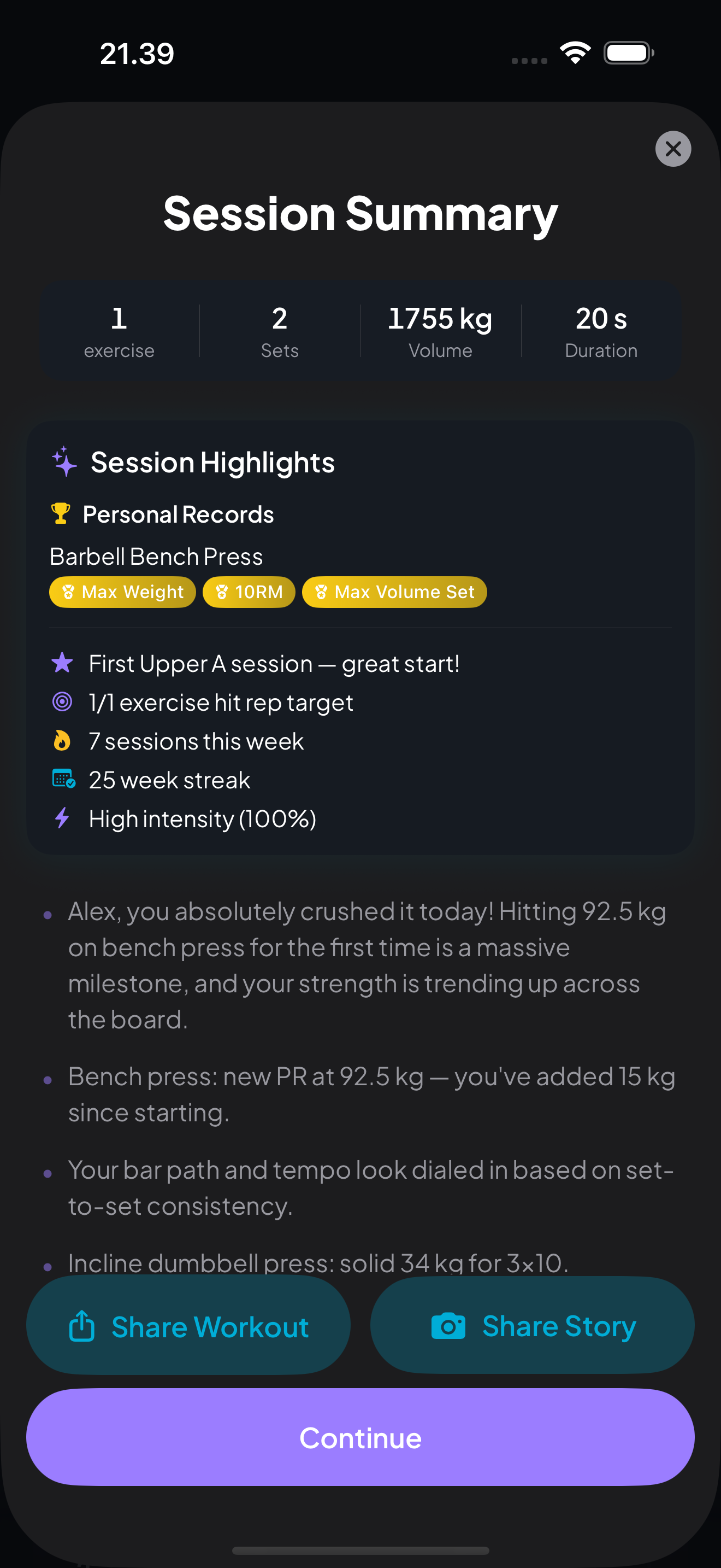 AI coaching feedback after completing a workout
