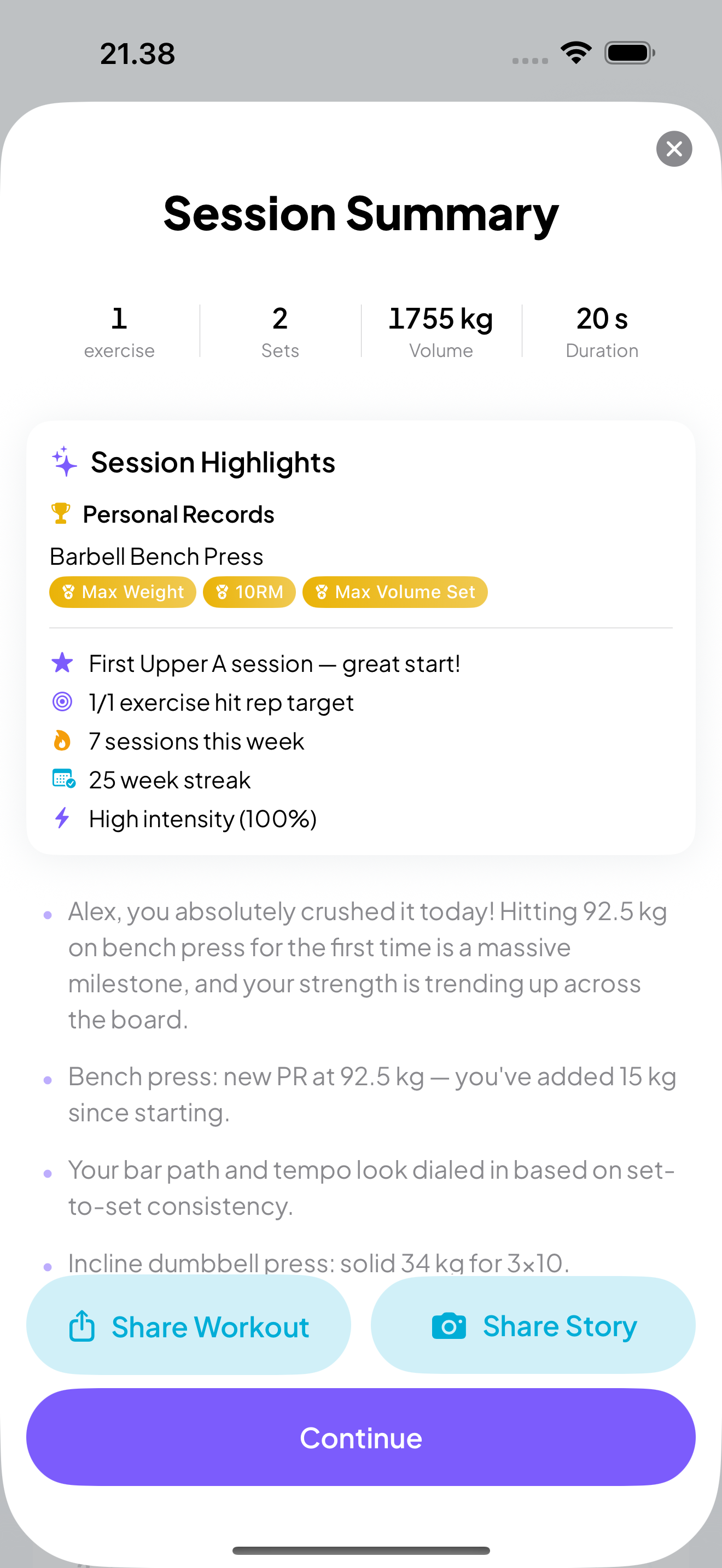 AI coaching feedback after completing a workout