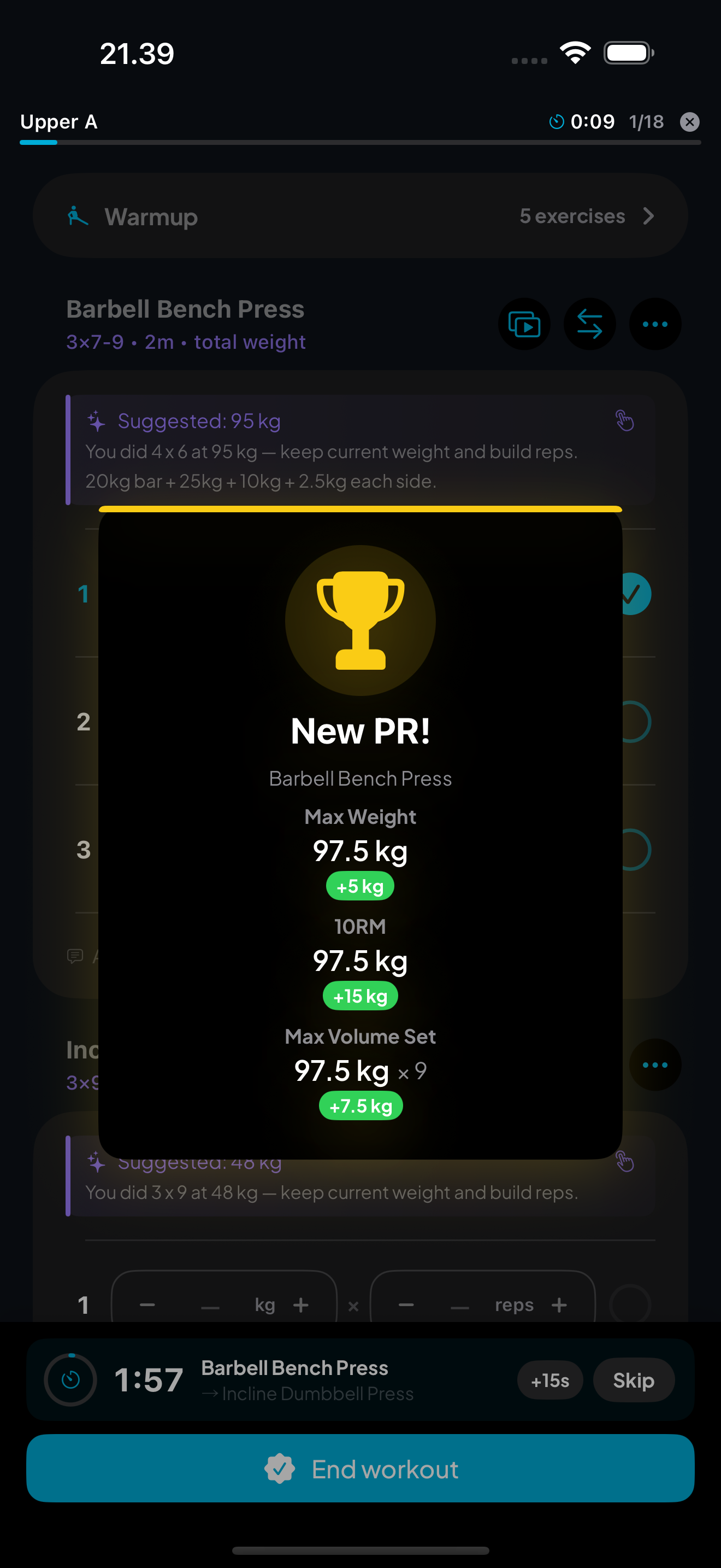 Personal record celebration with trophy and confetti