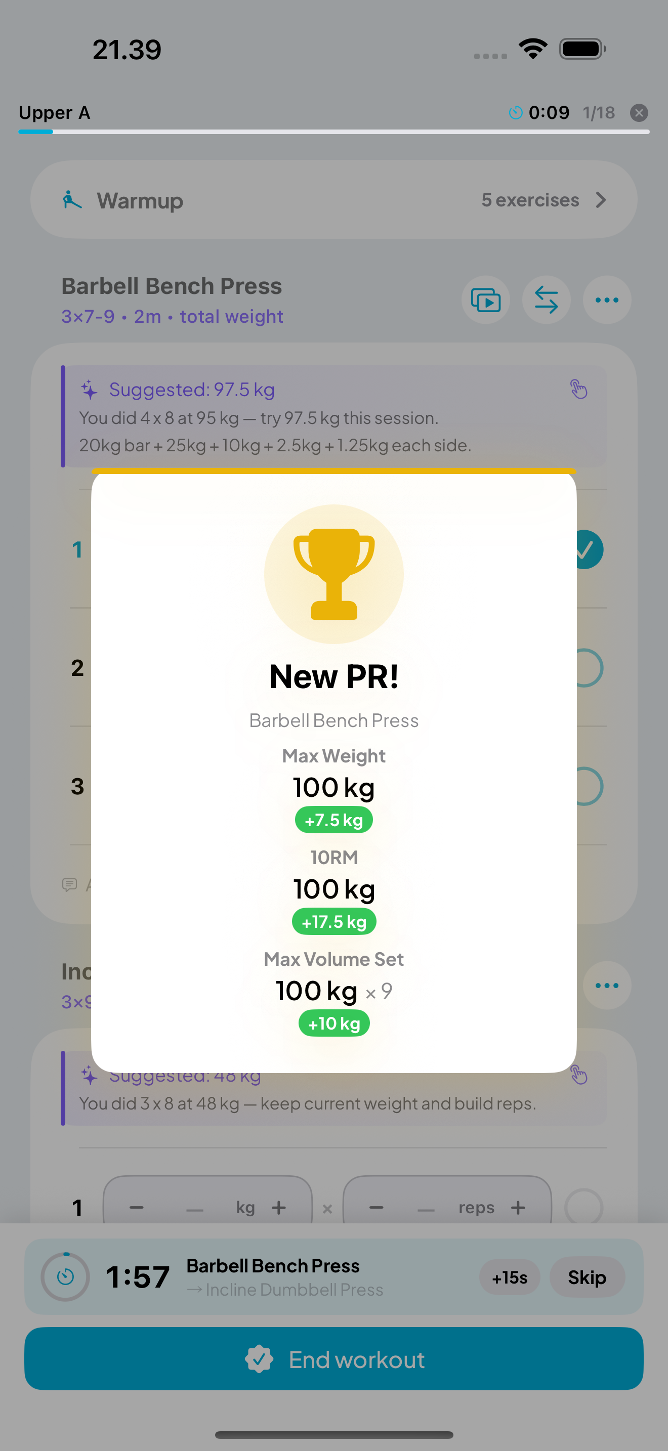 Personal record celebration with trophy and confetti