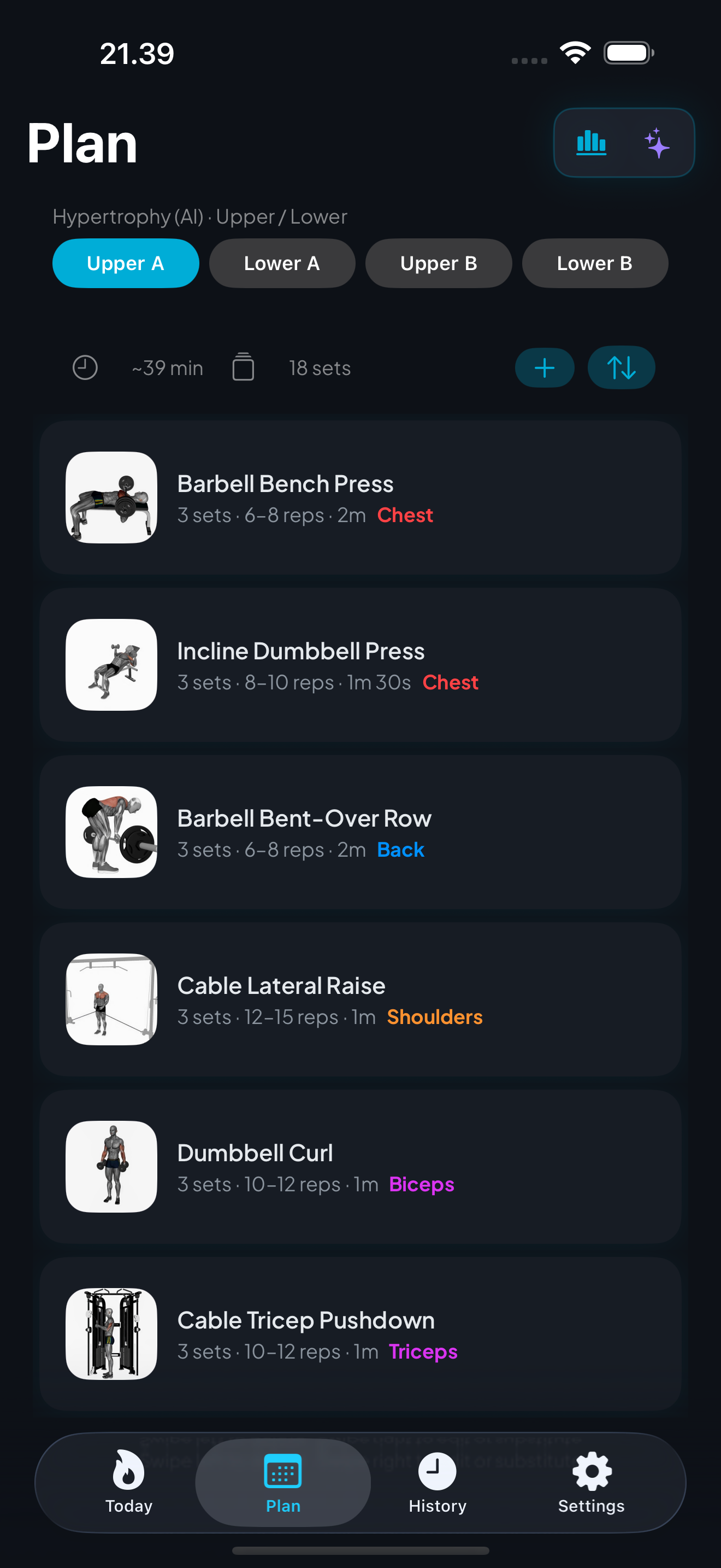 Plan tab with exercise illustrations and workout structure