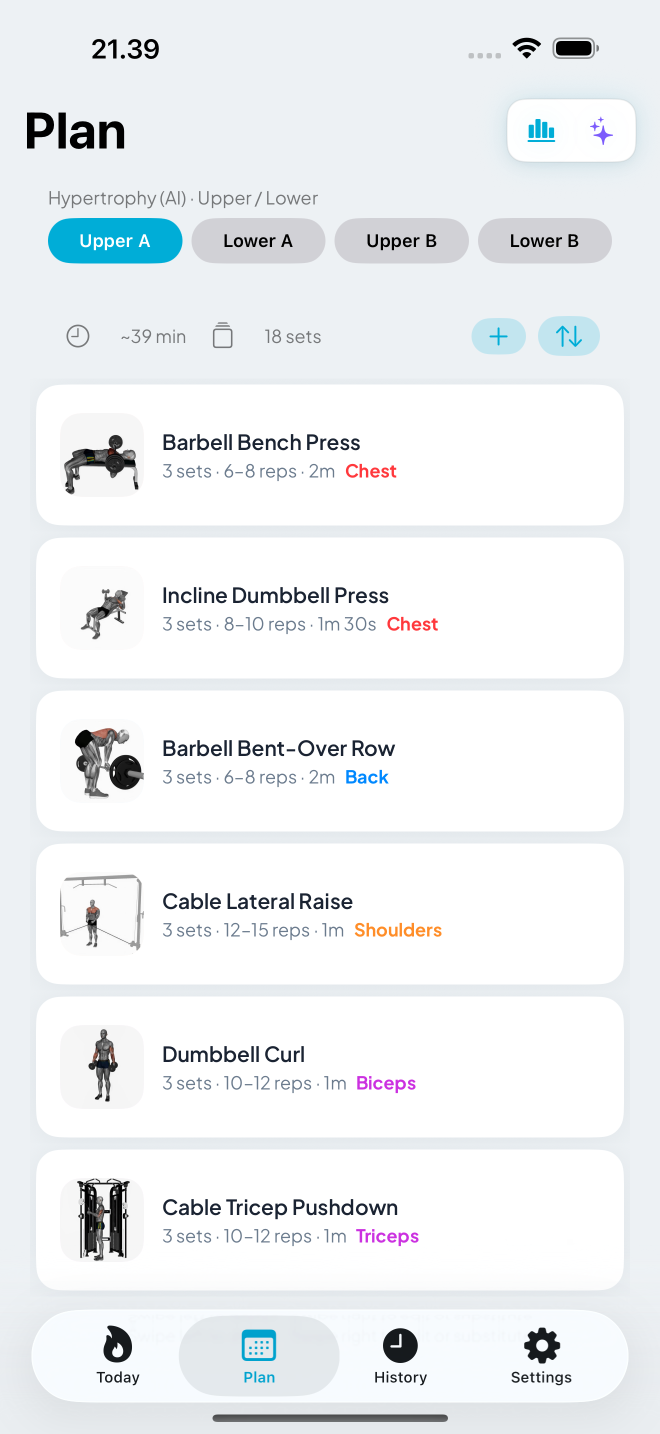 Plan tab with exercise illustrations and workout structure