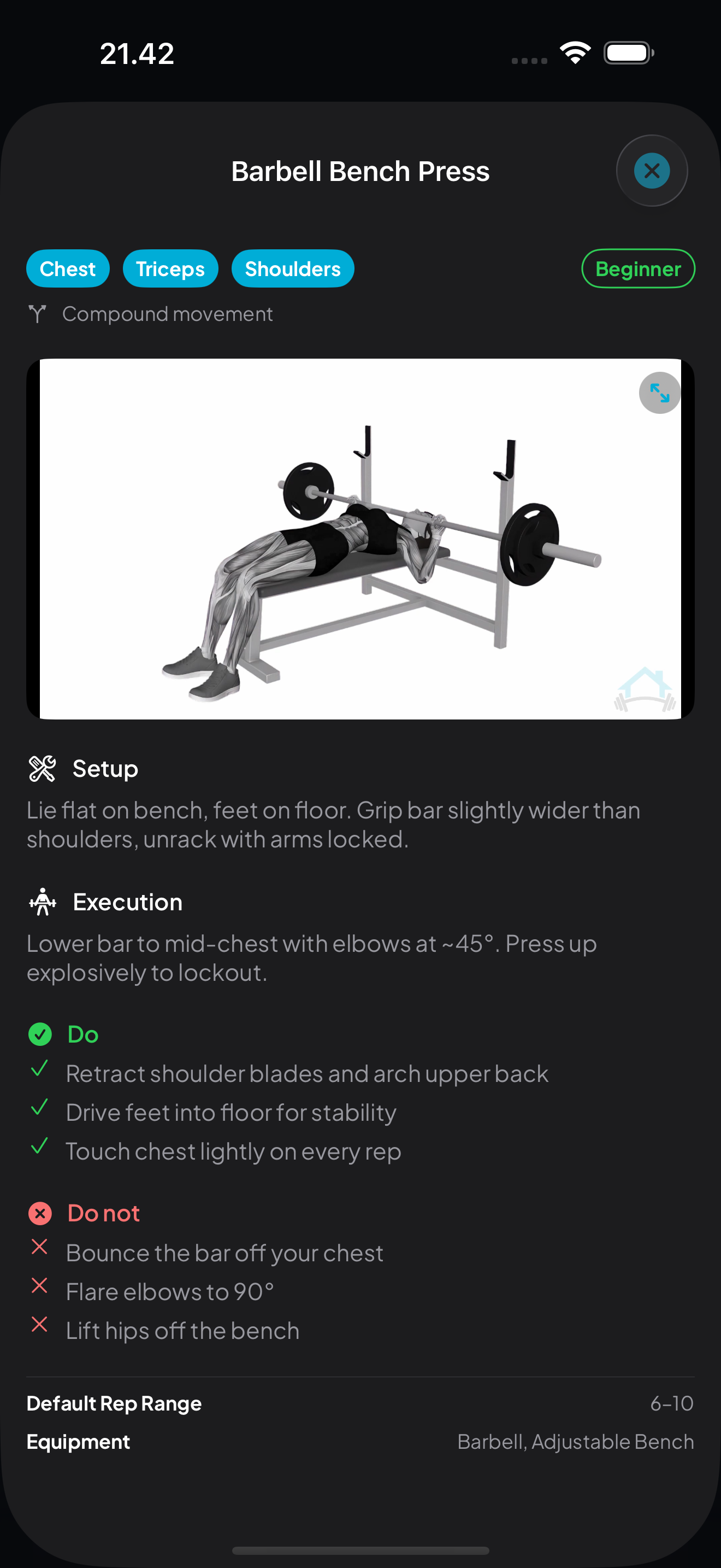 Exercise detail with illustration, form cues, and instructions