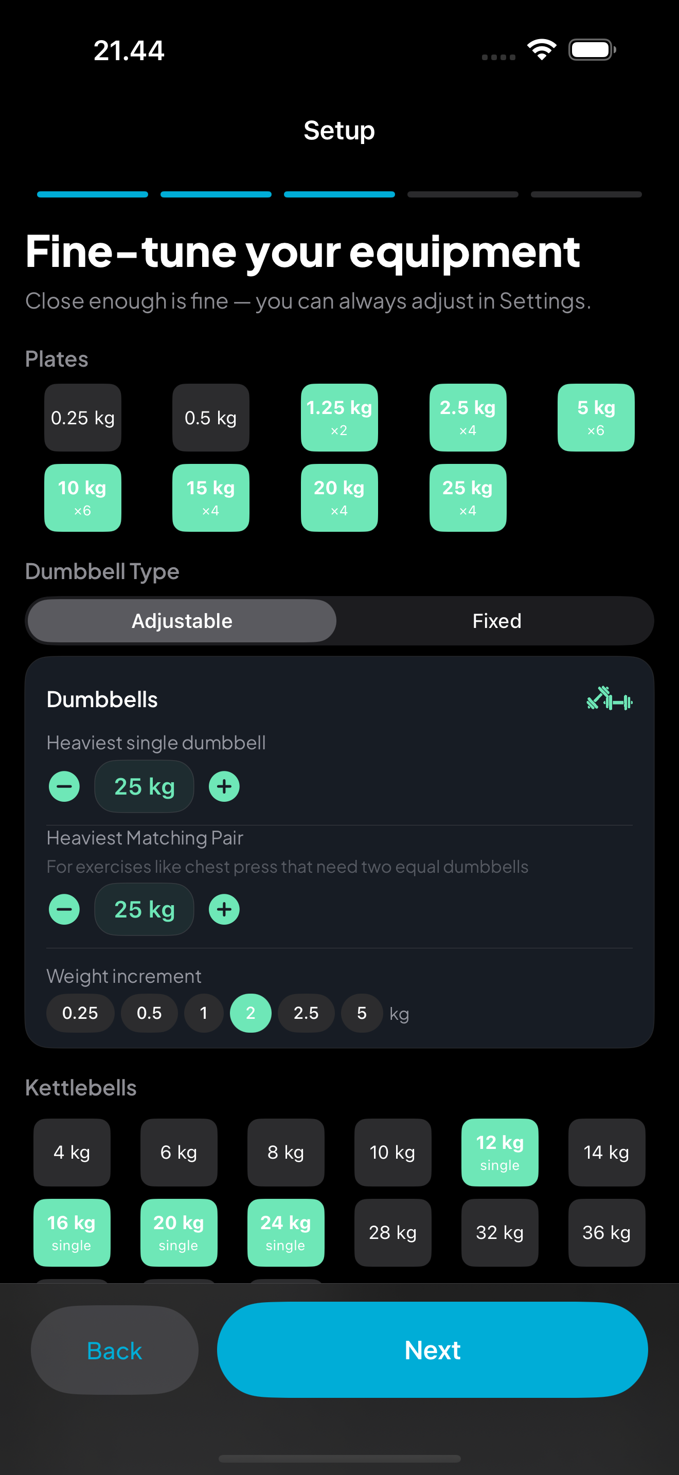 Equipment setup with plate selection and dumbbell configuration
