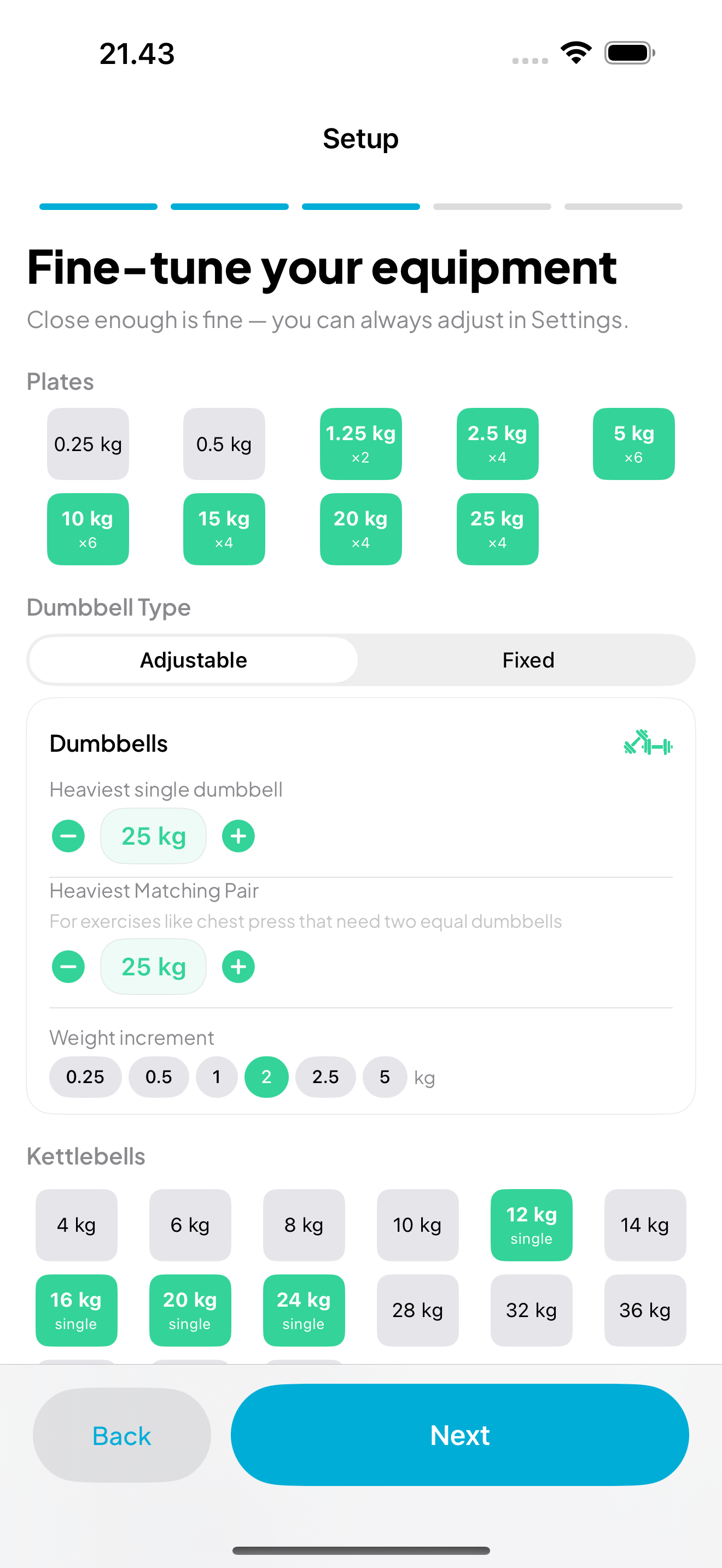 Equipment setup with plate selection and dumbbell configuration